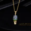 Vintage Emaillierte Blume Topf Anhänger Halskette, Goldkette, süßer filigraner Damenschmuck. - Öltropfen Blumenhalskette / Gold Lila