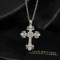 Vintage silberfarbene Legierung Strass Kreuz Anhänger Pulloverkette Halskette Mode - Strass Kreuz Halskette / Silber