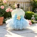 Cute dog tutu dress with multi-layer mesh tulle, large bowknot and flower in garden setting. - XS Chest 30 Length 20 / Flower Fairy Tutu-Blue