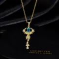 Exquisite Schleife Zauberstab Anhänger Halskette mit blauem Zirkonia Kupferkette Detail. - Gold-blaue Schmetterlings-Zauberstab-Halsketten