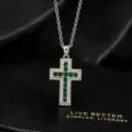 Vintage zilveren ketting met kruis en groene en heldere zirkonia stenen voor vrouwen. - Groene Strass Kruis Halsketting / Zilver