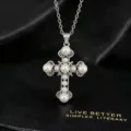 Vintage zilverkleurige parel kruis hanger ketting mode sleutelbeen ketting sieraden - Parel Kruis Ketting / Zilver