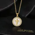 Gold-plated cross pendant necklace detailed view, featuring sparkling cubic zirconia pave border. - Gold-Copper Plated Rhinestone Cross Necklace