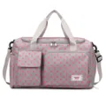 Grey polka dot travel duffel bag with large capacity, shoulder strap, and front pocket. - Gray