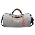Grey cylindrical gym duffel bag with orange accents, large capacity waterproof travel bag main view. - Gray