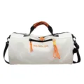 White cylindrical gym duffel bag with orange paracord handle and dry wet separation. - Off White