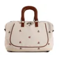 Large capacity canvas travel duffel bag with cute bow print and brown leather handles. - Off White