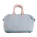 Light blue travel duffel bag with pink handles and cute bow embroidery for gym trips. - Light Blue
