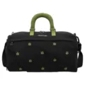 Black travel duffel bag with green handles and embroidered patterns for sports and gym. - Black