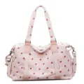 Moderna borsa da viaggio in velluto a coste rosa con stampa fragola, grande borsa weekend. - Rosa