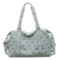 Light blue corduroy travel duffel bag with cute red strawberry print, large capacity. - Green