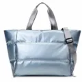 Puffer fitness gym bag in glossy light blue, stylish quilted travel duffel with shoulder strap - L / Blue