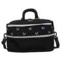Black travel duffel bag with blue bow embroidery and lace trim, large capacity gym bag. - Black Bow