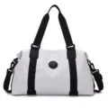White Oxford cloth gym duffel bag with black straps, large capacity travel tote bag. - White