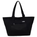 Black canvas tote bag with front mesh pocket, casual daily shoulder bag for women and travel. - Black