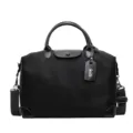 Black nylon travel duffel bag with leather trim, large capacity waterproof weekender bag. - Black