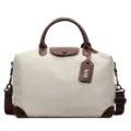 Large capacity travel duffel bag with leather handles and adjustable shoulder strap. - Off White