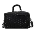 Black expandable travel bag with white polka dots and bows, gym luggage duffel bag. - Black