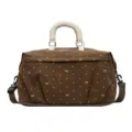 Brown polka dot bow travel duffel bag with beige handles and shoulder strap variant - Brown