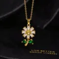 Elegante Sonnenblumen-Anhänger Halskette mit glitzernden Zirkonia und grünen Blättern detail. - Exquisite Grünes Blatt Gelbe Mitte Sonnenblume (A)