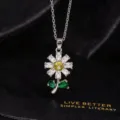 Elegante Sonnenblumen Zirkonia Anhänger Halskette mit grünem Blatt, glänzender Schmuck - Grüne Blätter Schlanke Verschlusskette (B)