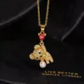 Goldener Kristall Teddybär Halskette mit rotem Herz Anhänger und Perlenschmuck für Damen. - Stil C (Rotes Herz Bär)