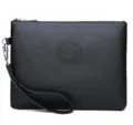 Sac pochette homme en cuir PU noir avec dragonne, fermeture éclair, portefeuille élégant. - Motif litchi noir