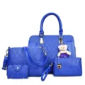 Ensemble de sac à main femme bleu embossé 4 pièces sac bandoulière cabas avec mignon ours. - Bleu