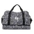 Black and white leopard travel duffel bag with bottom compartment and large storage capacity. - Leopard Print Black