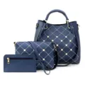 Élégant ensemble de sac à main trois pièces bleu foncé avec matelassé et perles. - Bleu