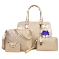 Ensemble de 4 Pièces Sac à Main Femme Couleur Or Champagne Élégant avec Pendentif Ours - Or