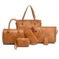 Set de 6 sacs à main pour femme marron, fourre-tout en cuir PU, sac bandoulière et pochette. - Curcuma