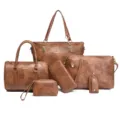 Dames Bruin PU Lederen Handtas 6-Delige Set Shopper Schoudertas Portemonnee Stijl - Tan