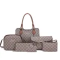 Sac à main femme ensemble de 6 pièces cabas monogrammé élégant sac bandoulière - Marron