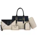 Damen 5-Teilige Handtaschen Set Elegante Tote Umhängetasche Geldbörse Beige Schwarz - Gold