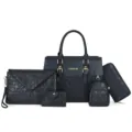 5-teiliges Damen Handtaschen Set schwarzes geprägtes PU Leder schicke Umhängetasche Shopper - Schwarz