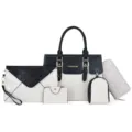 Elegantes 5-teiliges Damen Handtaschen Set Schwarz Weiß PU Leder Shopper Umhängetasche - Beige