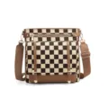 Borsa a tracolla vintage a quadri in tela da donna con finiture in ecopelle marrone. - Scacchi Marrone