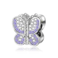 Detailed close-up view of a silver butterfly charm bead adorned with purple and white stones. - Silver Purple Stone Style (DUT02-E)