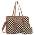 Borsa tote a quadretti neri e bianchi con manici in pelle marrone e pochette coordinata. - Scacchi Marrone