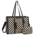 Borsa a mano a scacchi in bianco e nero con pochette abbinata e nappa decorativa elegante. - Quadri Nero