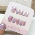 Uñas postizas hechas a mano con diseño de ojo de gato y fuegos artificiales, set cuadrado corto. - Fuegos Artificiales Violeta Claro