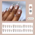 Almond press-on false nails with white French cat-eye nude pink and metallic silver decor details. - ML1418-B7 Pink & Silver Dream Press-on Nails (Jelly Glue Type)