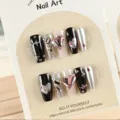 Set de uñas postizas negras y plateadas con diamantes de imitación y corazón rosa. - Corazón Negro Rosa (24 Pzs Juego de Herramientas de Tarjeta)