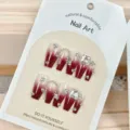 Uñas postizas degradadas burdeos con pedrería, 24 piezas uñas postizas largas ataúd set. - Diamante Cuadrado de Cadena (Juego de Herramientas Completo)