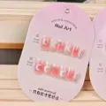Uñas postizas degradadas rosas con luna 3d y pedrería, estilo cuadrado corto para manicura. - Luna de Jade Cielo Estrellado (24 Pzs Juego de Herramientas de Tarjeta)