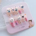 Uñas postizas rosas con pedrería 3D de corazón y estrella, set de uñas largas. - Princesa de Sueño (24 Pzs Juego de Herramientas de Tarjeta)