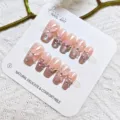 Uñas postizas de ojo de gato rosas con mariposa 3D, perlas y pedrería, lindo estilo SKU. - Talla S (10 Piezas) / Estilo Pegamento de Gelatina Mejorado - Paquete de Tarjeta de Papel