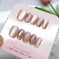 Handmade short trapezoid press-on nails set with elegant champagne cat eye and sparkling glitter - XS (Extra Small) / KLT170-B5 Crystal Lotus Pink (Cardboard Pack Jelly Glue)