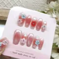 Uñas postizas hechas a mano cortas degradado rosa ojo de gato flores pedrería acrílico uñas - XS / Sakura de Primavera (Paquete de Cartón Con Pegamento de Gelatina)